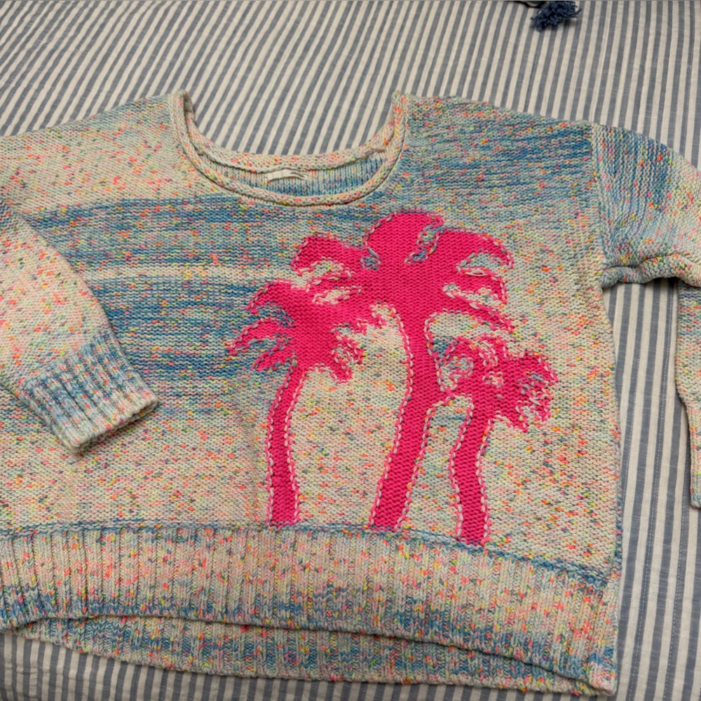 Anthropologie Multicolor Knit Sweater with Hot Pink Palm Trees